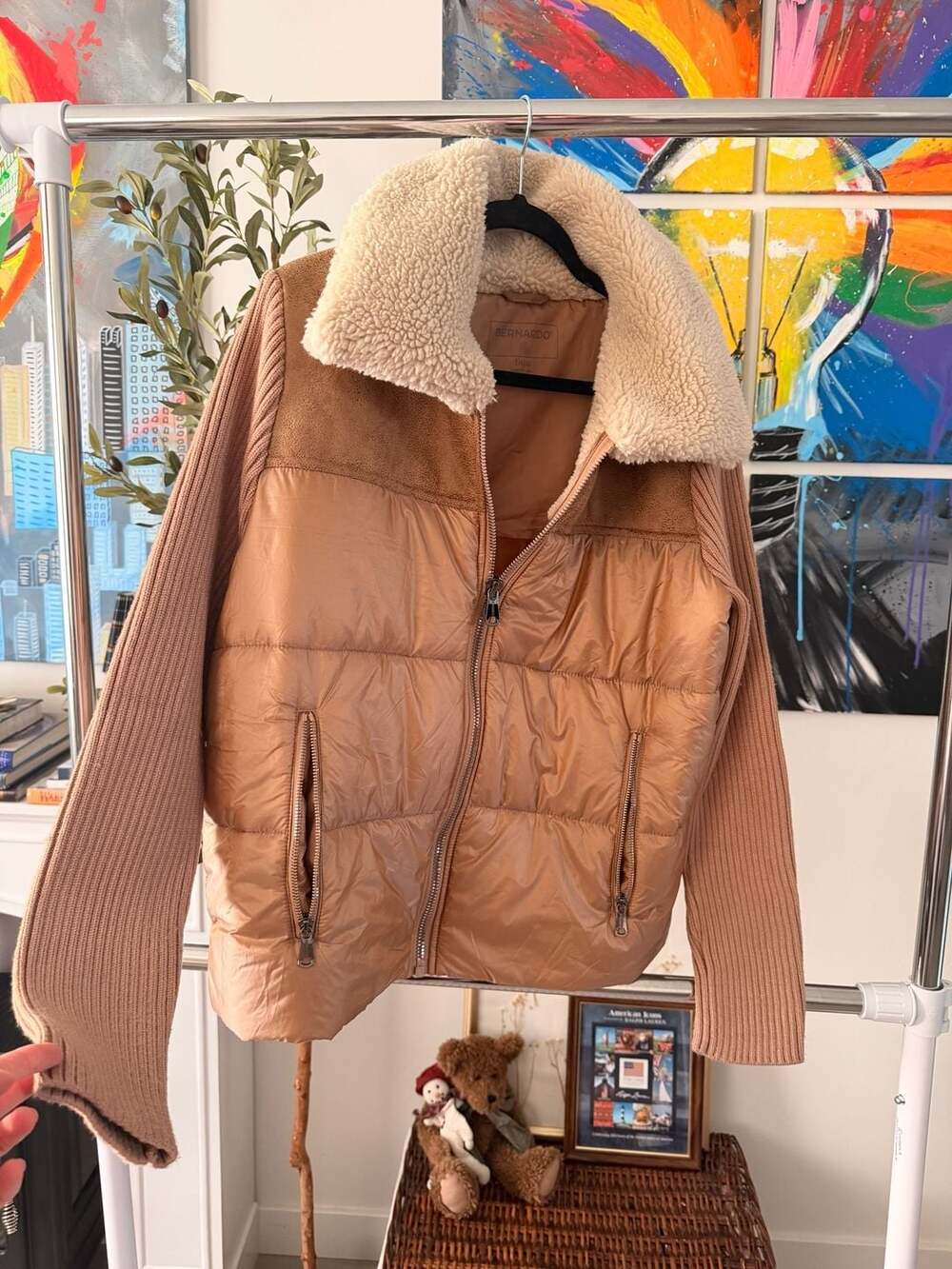 Bernardo Cute Cozy Fall Brown Puffer Knit Jacket Shearling Teddy Collar Large